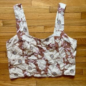 ABERCROMBIE & FITCH Women's Cream & Brown Floral Smocked Linen Blend Crop Tank L